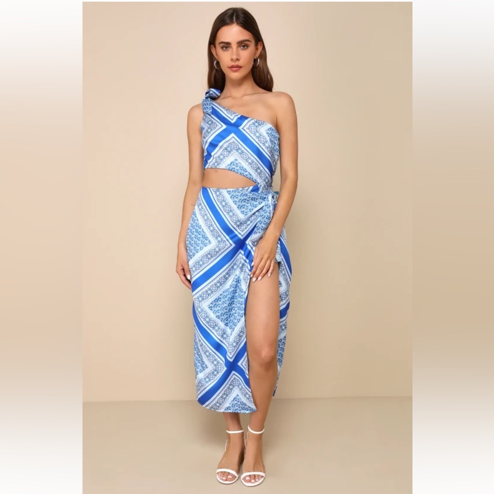 Lulus Vacay Beauty Blue Scarf Print One-Shoulder Tie-Strap Midi Dress Size Large